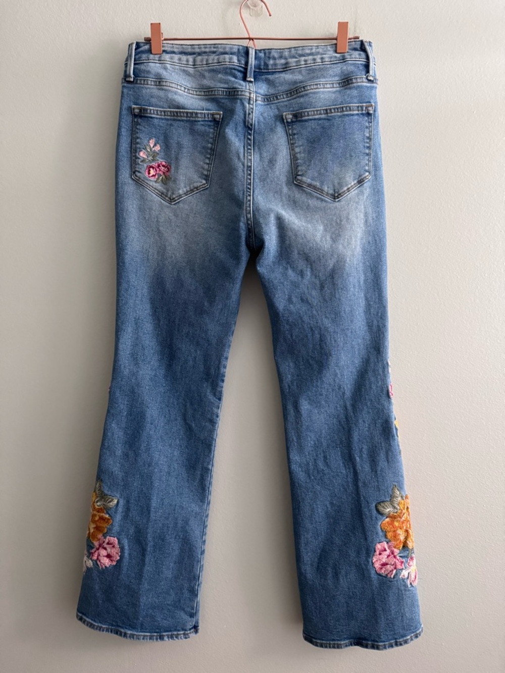 DRIFTWOOD Blue Boot Cut Jeans with Pink & Gold Floral Embroidery - Picture 11 of 13